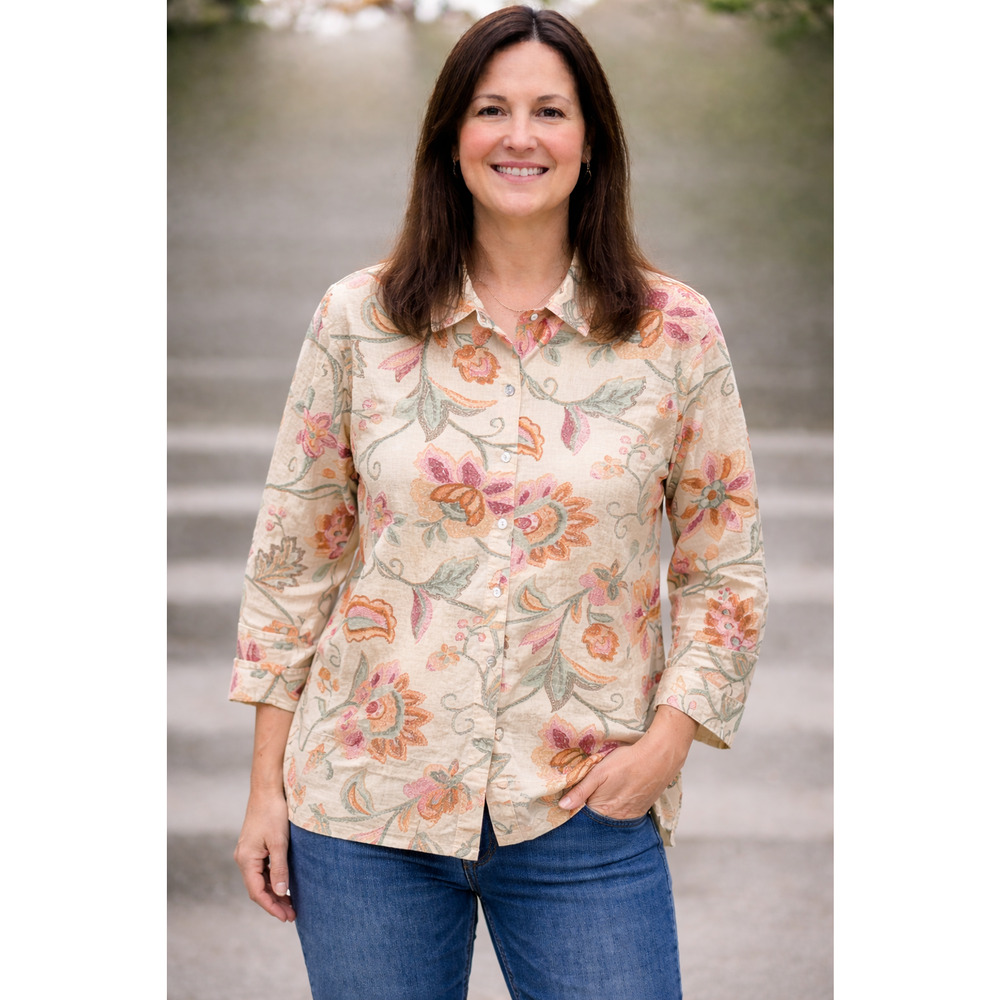Boho Floral Button Front Blouse Cottagecore Casual Lightweight Cotton Linen L